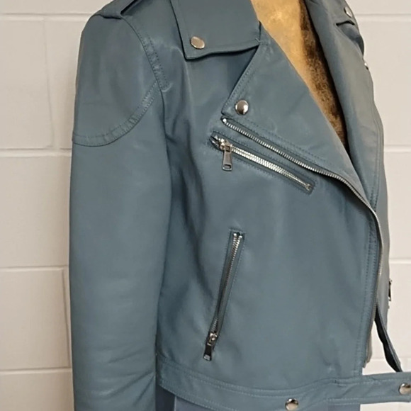 Blue Faux Leather Bomber Moto Jacket Small Silver Hardware - Picture 5 of 11